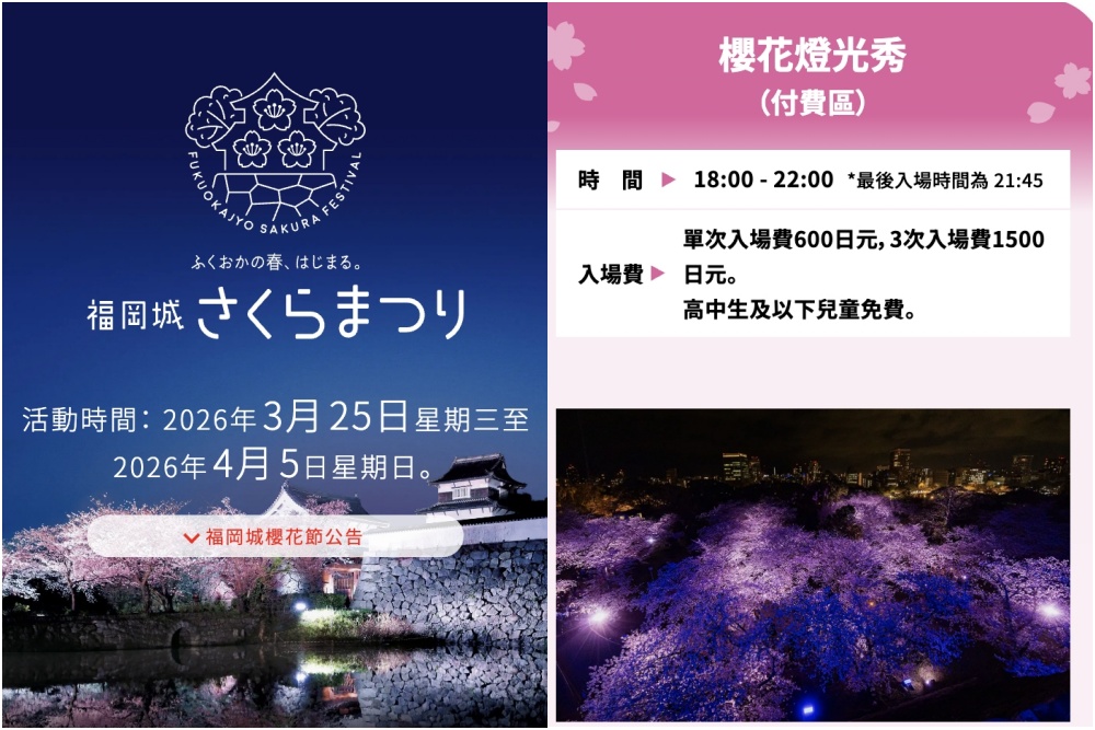 2026福岡【舞鶴公園櫻花季】城堡櫻花太迷人!福岡城跡點燈&大濠公園,穿和服賞櫻超好看! 2026福岡【舞鶴公園櫻花季】城堡櫻花太迷人!福岡城跡點燈&大濠公園,穿和服賞櫻超好看!